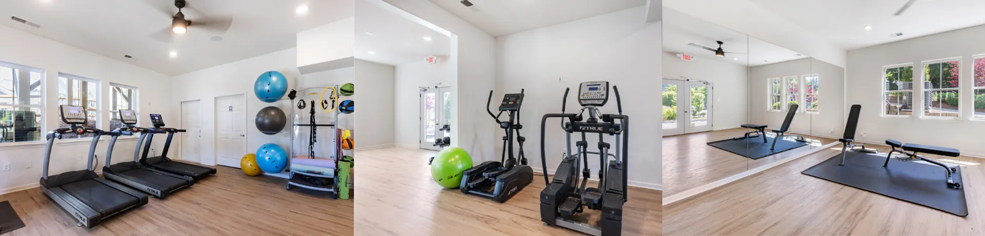 Bright and modern fitness center featuring treadmills, exercise equipment, and a spacious workout area with large windows and hardwood floors.