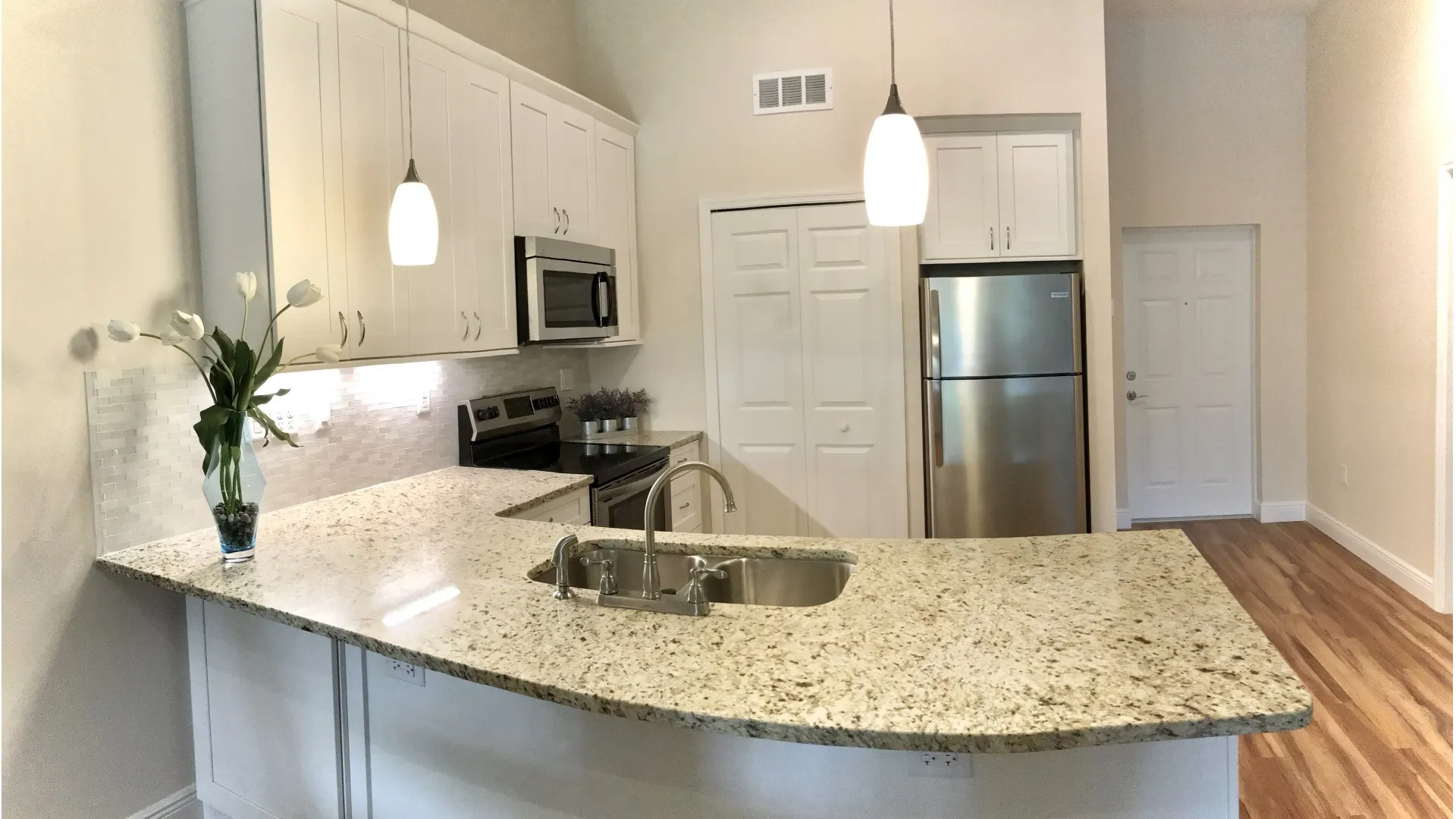 Luxury chef style kitchen with granite counters and stainless steel appliances