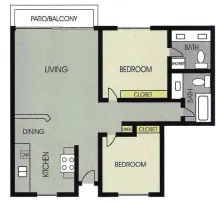 Contemporary floor plan with two bedrooms, an open living space, and a private patio balcony.