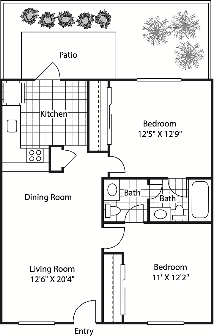 Thoughtfully designed floor plan featuring 2 spacious bedrooms, a stylish kitchen, inviting living room, and cozy dining area, complemented by a charming patio space.