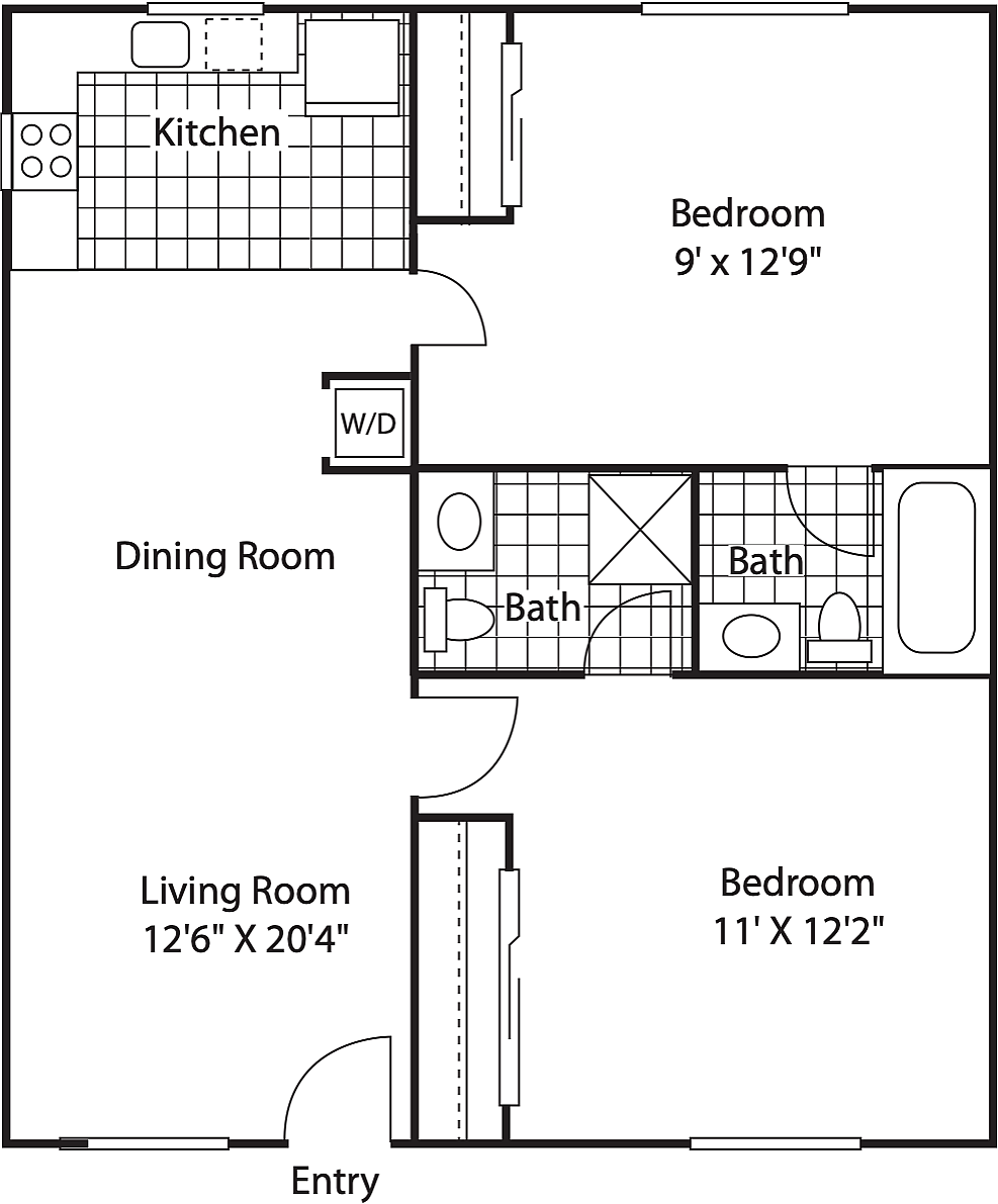 Modern floor plan featuring two spacious bedrooms, a generous living room, cozy dining area, and fully equipped kitchen with measurements.