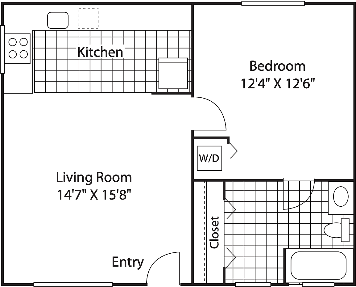 Modern floor plan highlighting a spacious living room, cozy bedroom, functional kitchen, and convenient bathroom with washer/dryer inclusion.