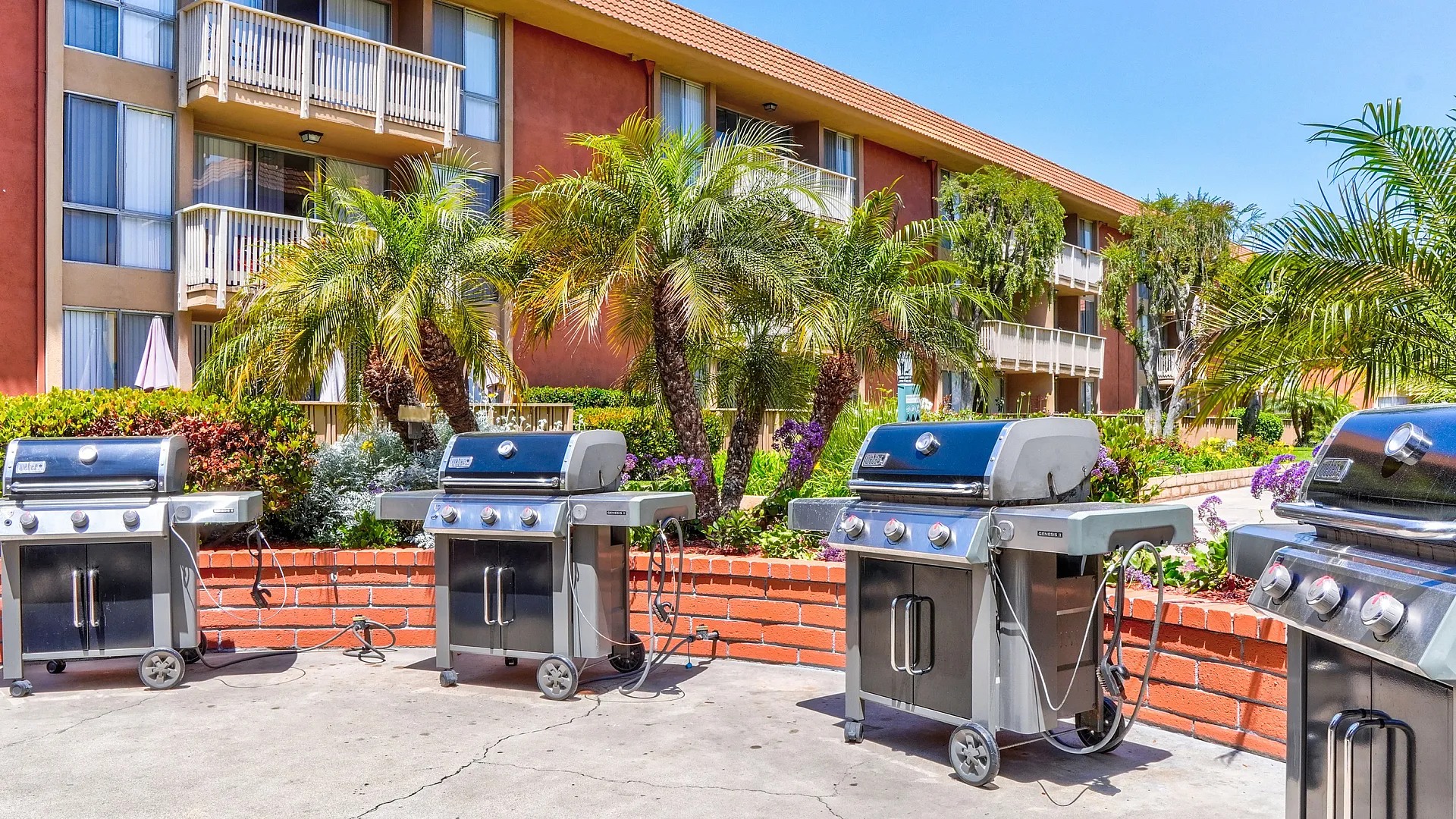 Vibrant outdoor barbecue area with modern grills, surrounded by lush palm trees and a charming apartment building backdrop, perfect for entertaining.