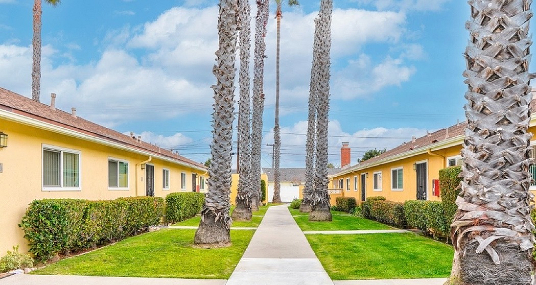 Inviting apartment complex with vibrant yellow facades, lined by tall palm trees and lush green lawns under a bright blue sky.