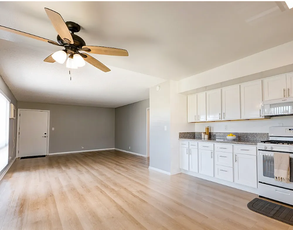Bright open-concept living area featuring sleek wood flooring, a modern kitchen with white cabinetry, and a stylish ceiling fan.