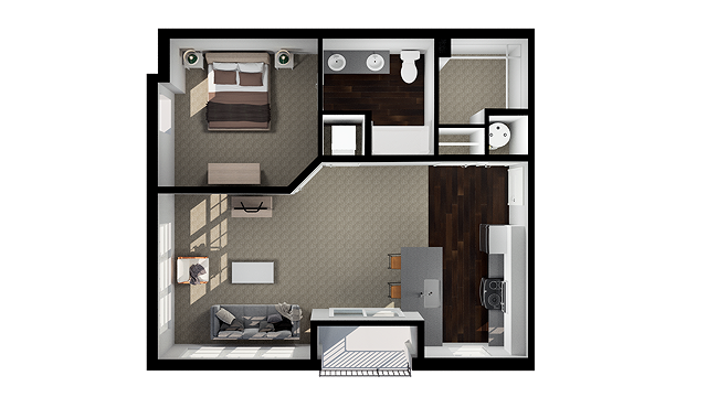 Ella floor plan, 1-bed, 1-bath rendering