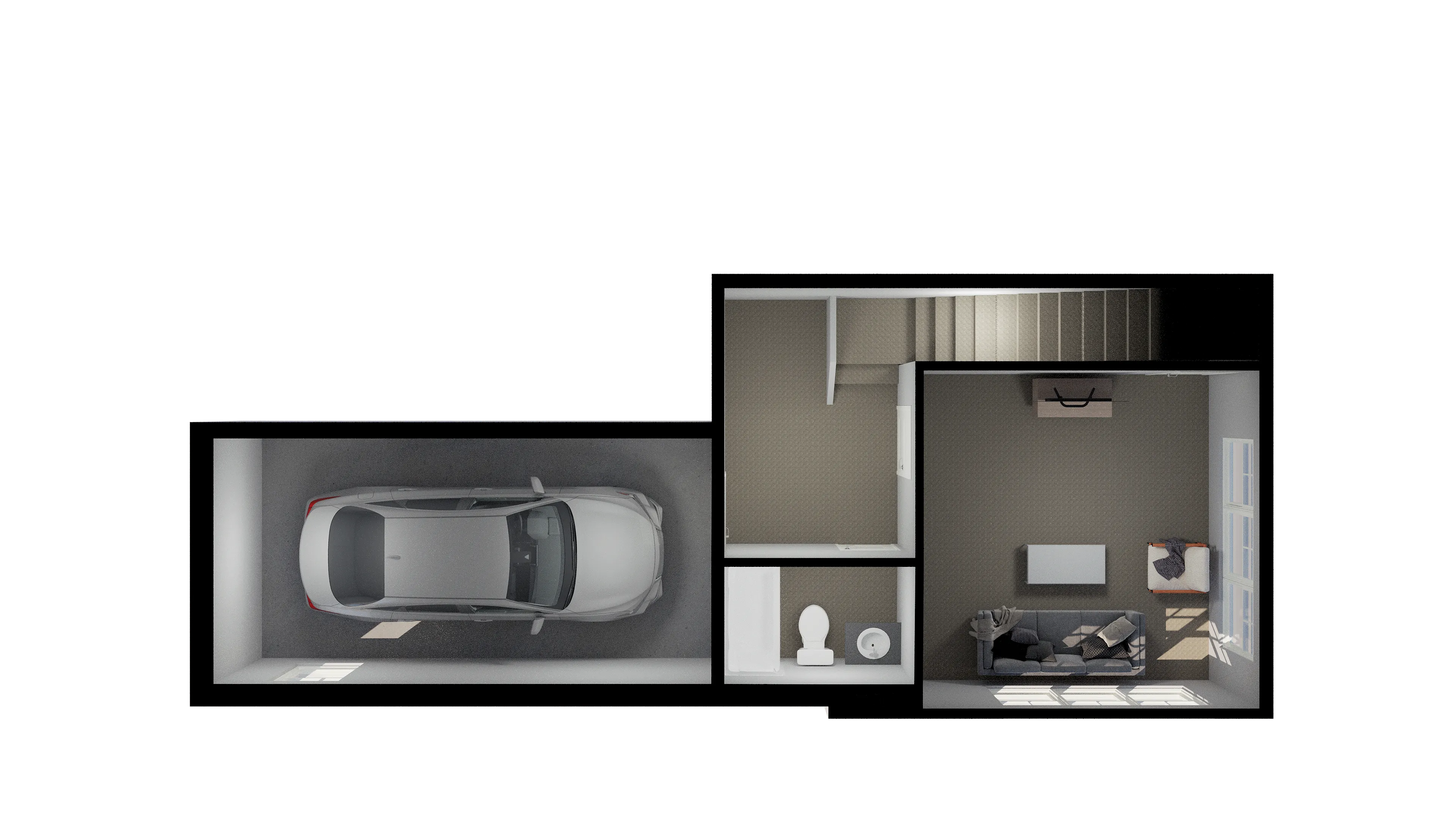 Jack floor plan rendering, 2-bed 2-bath townhome