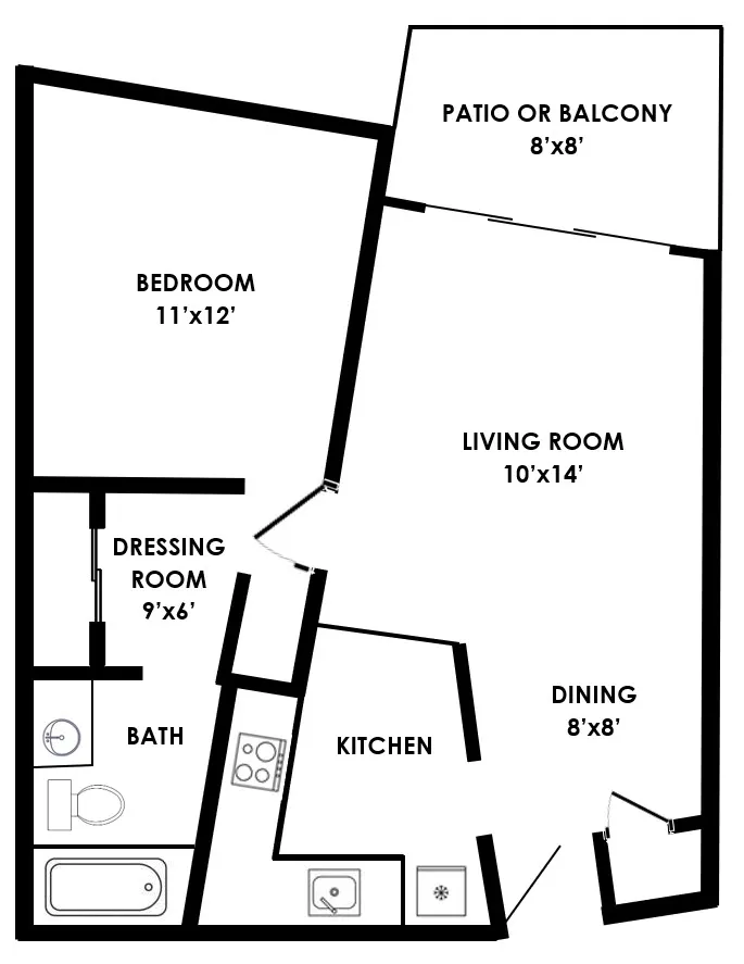 Modern 2D floor plan showcasing a spacious 1-bedroom apartment with a dressing room, inviting living area, and cozy kitchen, complemented by a private patio.