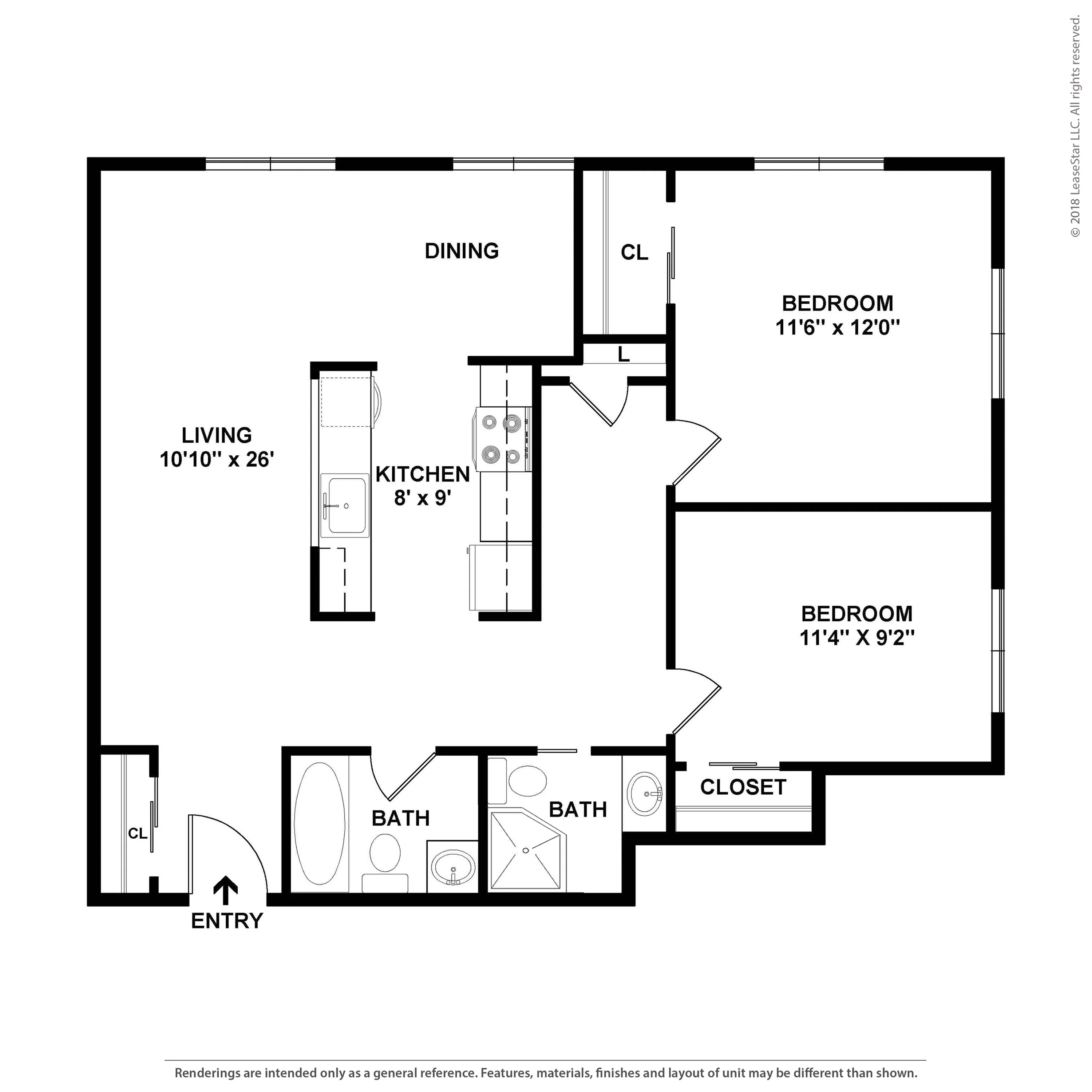 Modern floor plan showcasing 2 bedrooms, expansive living area, and a stylish kitchen with dining space.