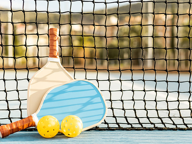 Inviting pickleball court scene with vibrant paddles and bright yellow balls against a net backdrop.