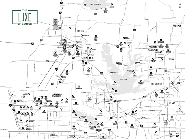Dynamic map showcasing The Luxe of Denton at Rayzor Ranch Town Center with easy access to amenities and key locations in the Denton area.