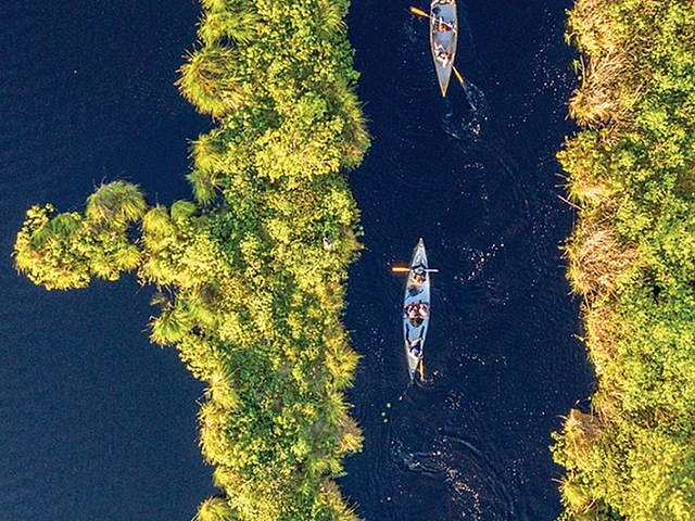 Breathtaking aerial view of a serene waterway with three canoes gliding between lush greenery, offering a tranquil escape into nature.