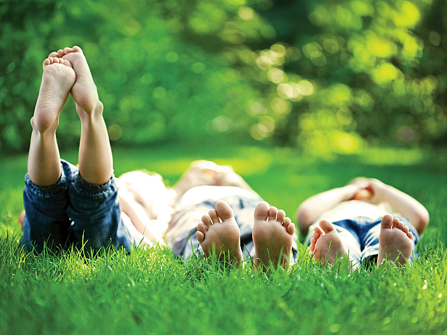 Children laying joyfully on lush green grass, enjoying the warmth of a sunny day in a serene outdoor setting.