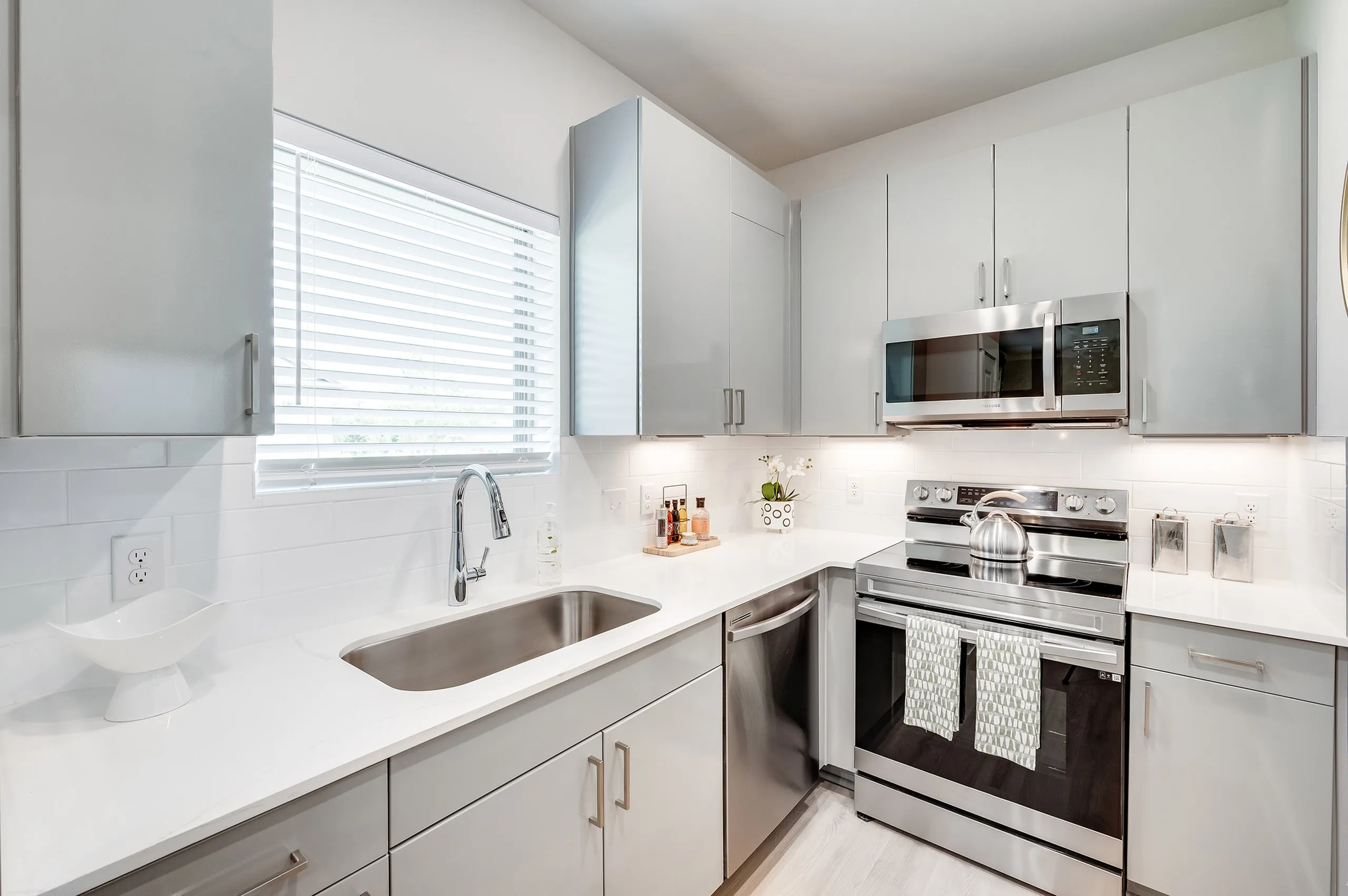 Modern kitchen with sleek cabinetry, stainless steel appliances, and bright natural lighting.