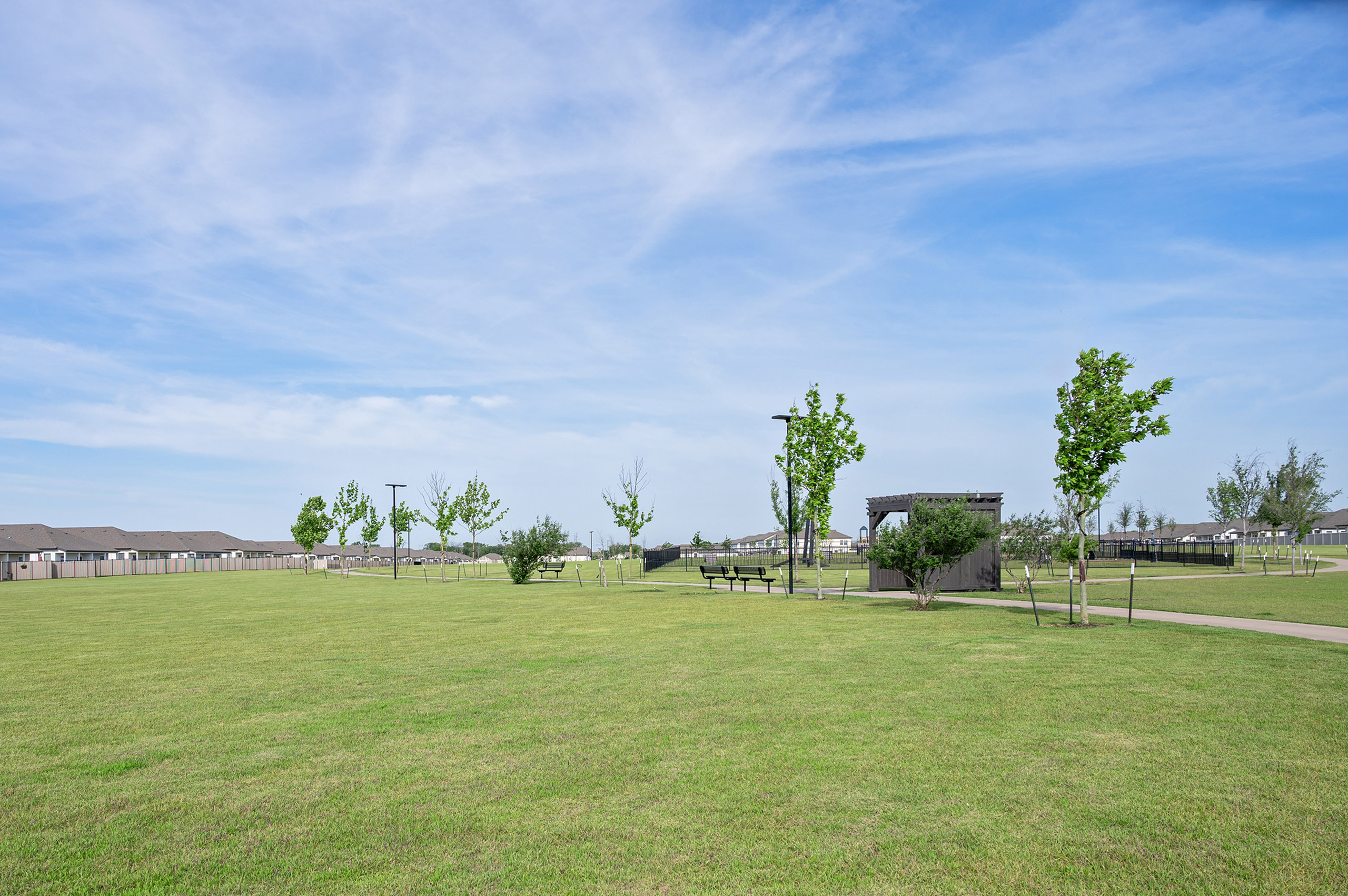 Expansive green lawn with young trees and a quaint pavilion under a vibrant blue sky, perfect for leisurely walks and outdoor activities.