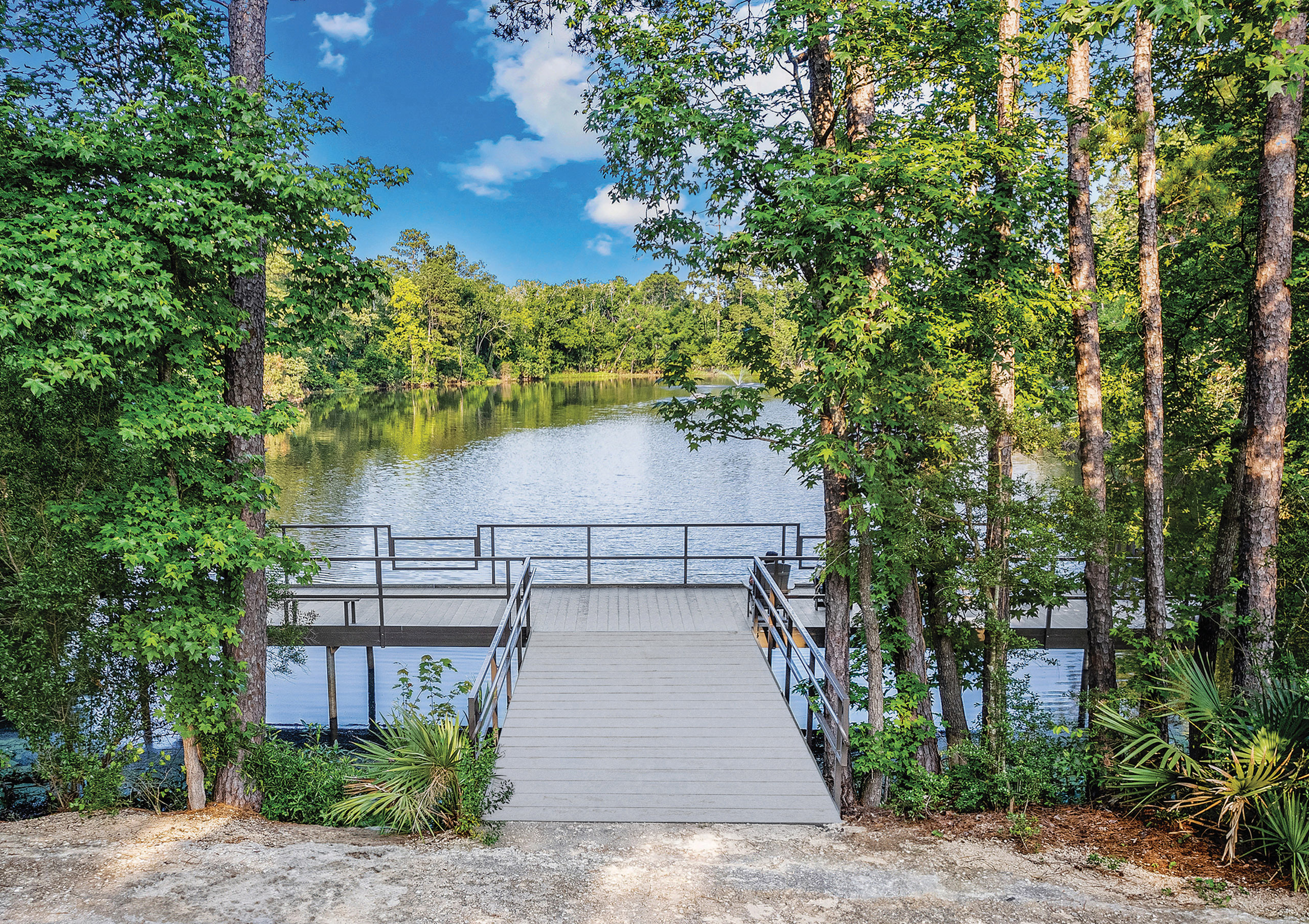 Scenic waterfront view featuring a serene dock surrounded by lush greenery and calm waters under a vibrant blue sky.