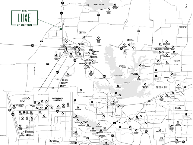 Map highlighting The Luxe of Denton location with nearby points of interest and transport routes in a detailed layout.