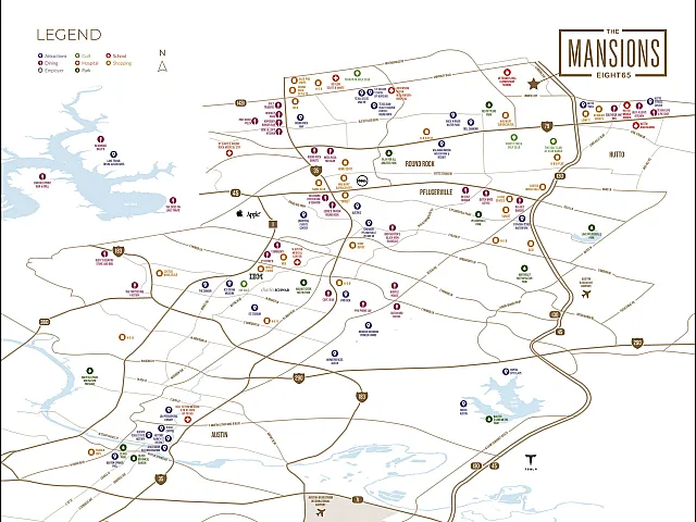 Vibrant location map showcasing nearby attractions, dining, and shopping options for The Mansions Eight65, highlighting convenience and lifestyle in Austin area.