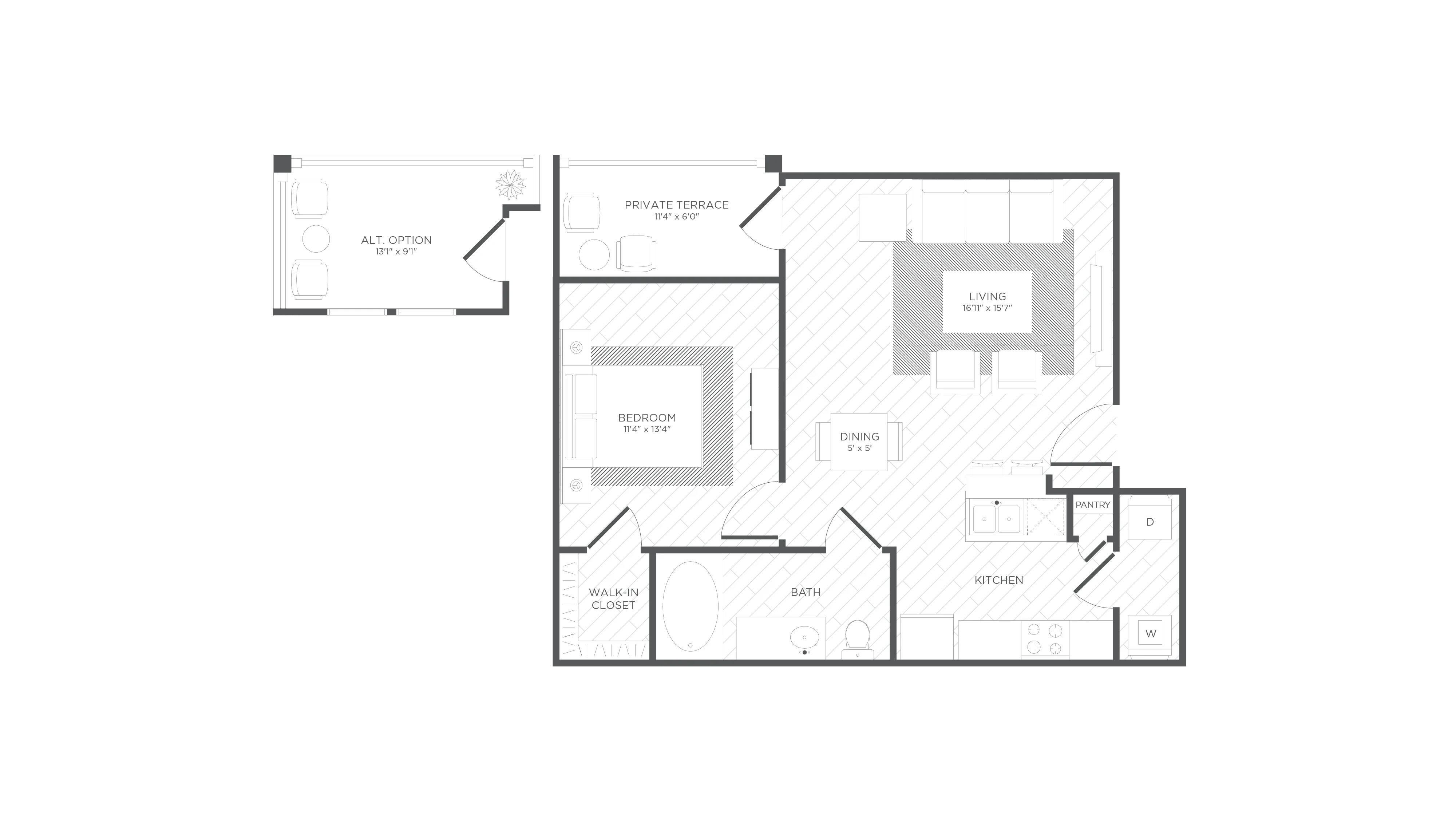 Angelfish Floorplan, 1 Bedroom 1 Bath, 652 Square Feet