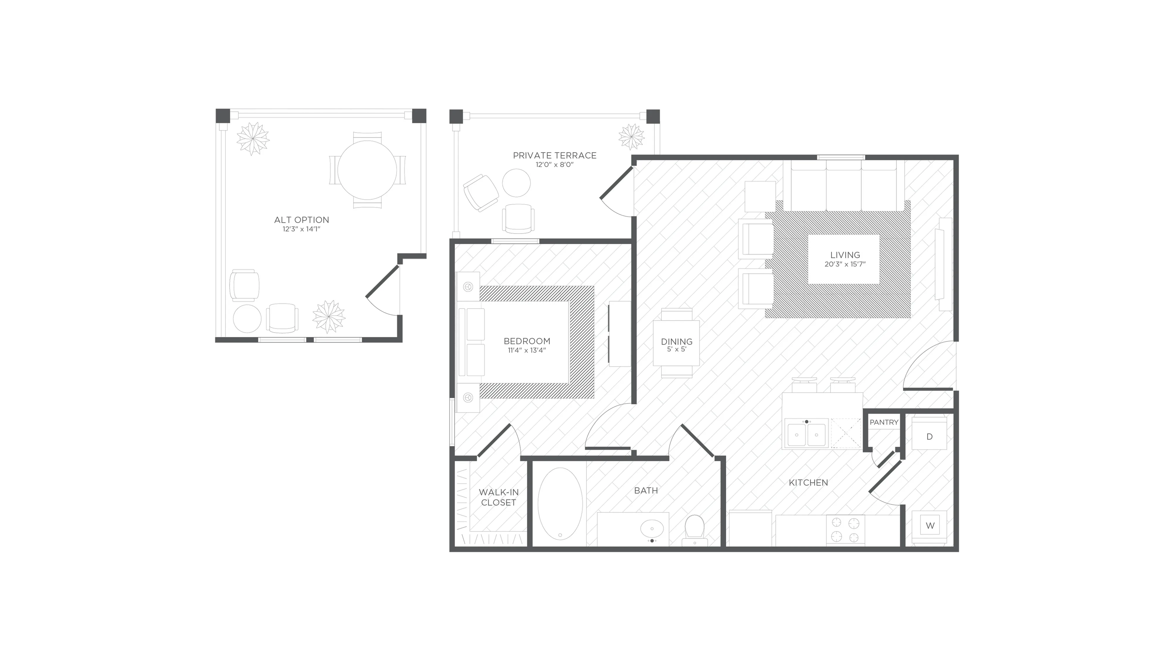 Coral Floorplan, 1 Bedroom 1 Bath, 703 Square Feet