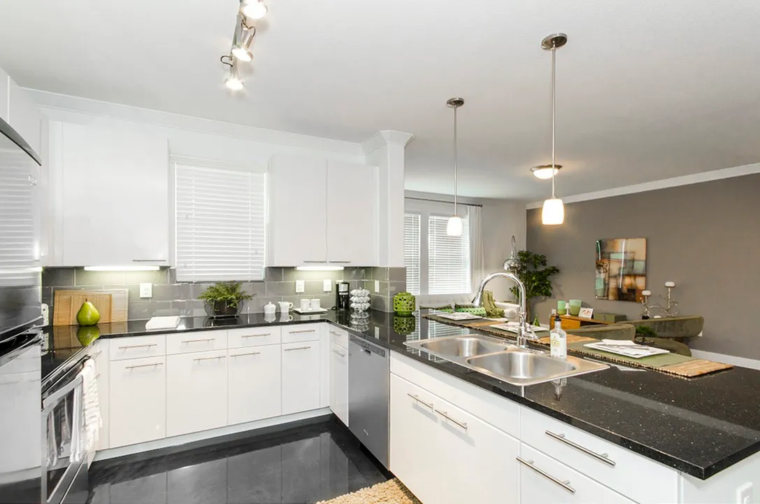 Sleek modern kitchen with white cabinetry, black countertops, and stainless steel appliances.