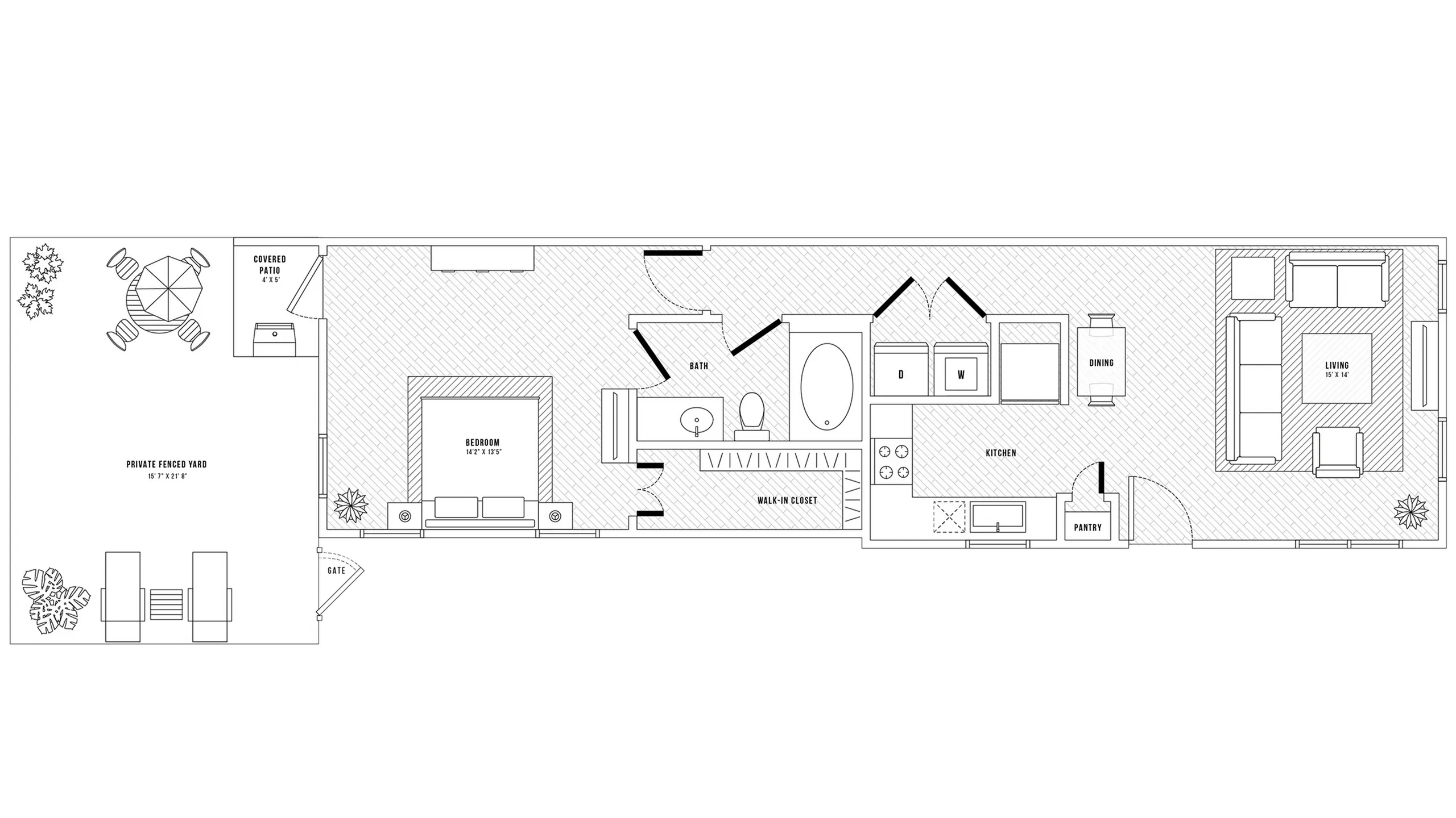 Elegant floor plan featuring a spacious bedroom, open living area, modern kitchen, and private fenced yard with patio.