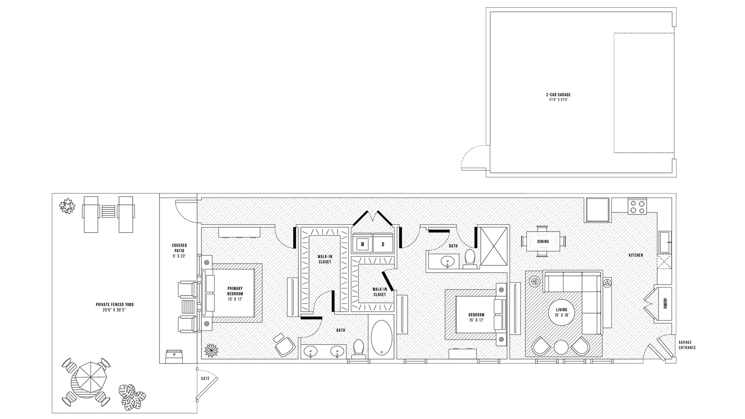 Inviting floor plan showcasing 2 bedrooms, a spacious living area, modern kitchen, and 2-car garage. Features include walk-in closets, private fenced yard, and a covered patio, perfect for comfortable living.