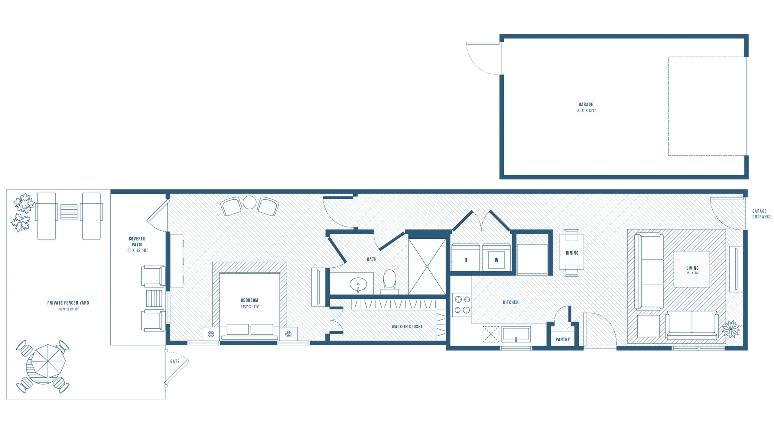 Elegant floor plan showcasing 1 bedroom, spacious living room, modern kitchen, dining area, private fenced yard, and garage.