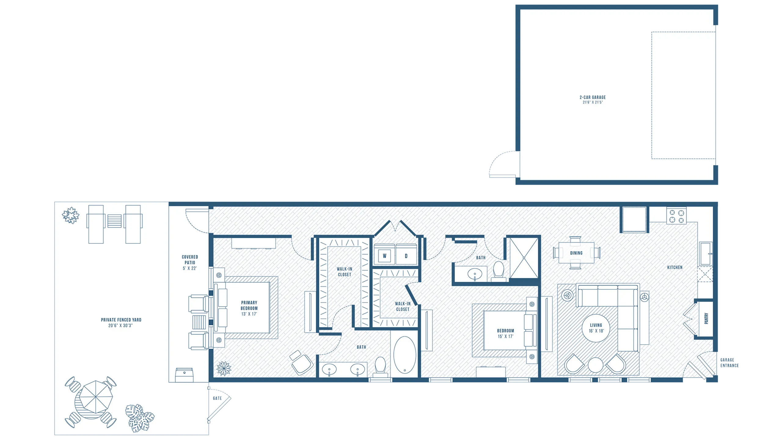 Elegant floor plan showcasing a spacious layout with 3 bedrooms, expansive living area, modern kitchen, dual bathrooms, walk-in closets, a private fenced yard, and a 2-car garage.