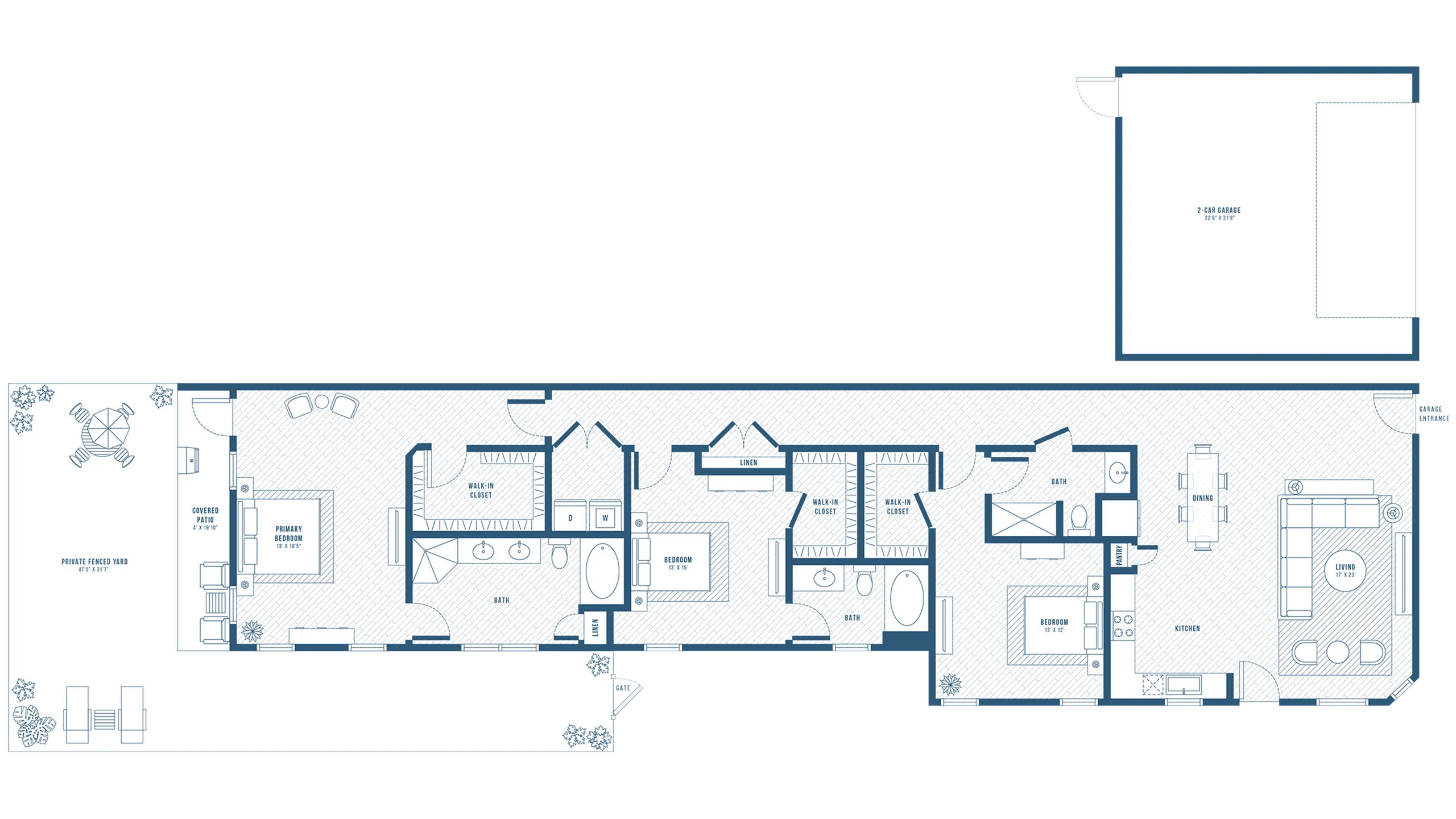 Elegant floor plan showcasing 3 bedrooms, spacious living room, modern kitchen, 2 bathrooms, and 2-car garage, with private fenced yard and covered patio.