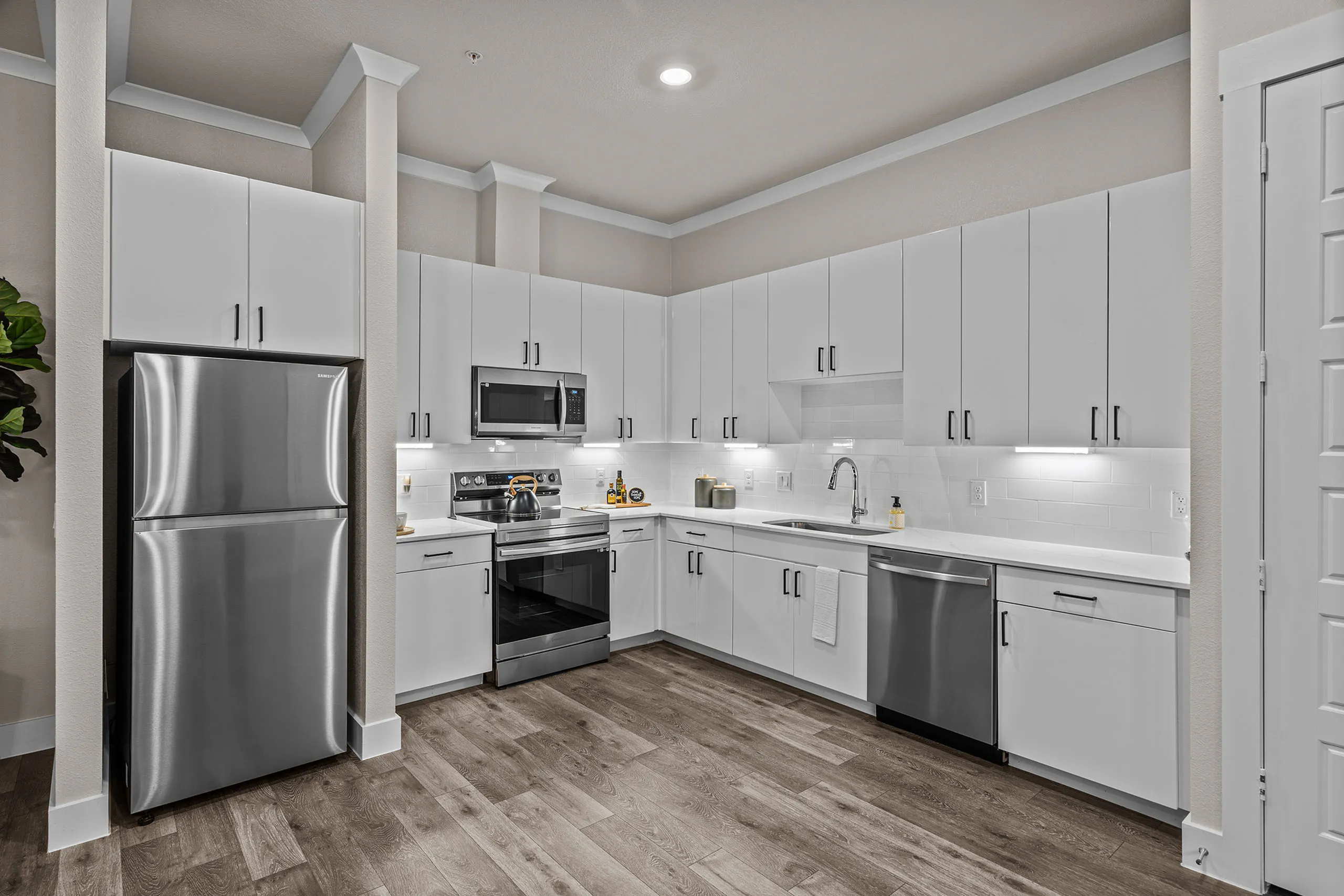 Sleek modern kitchen with stainless steel appliances and stylish cabinetry, perfect for culinary enthusiasts.