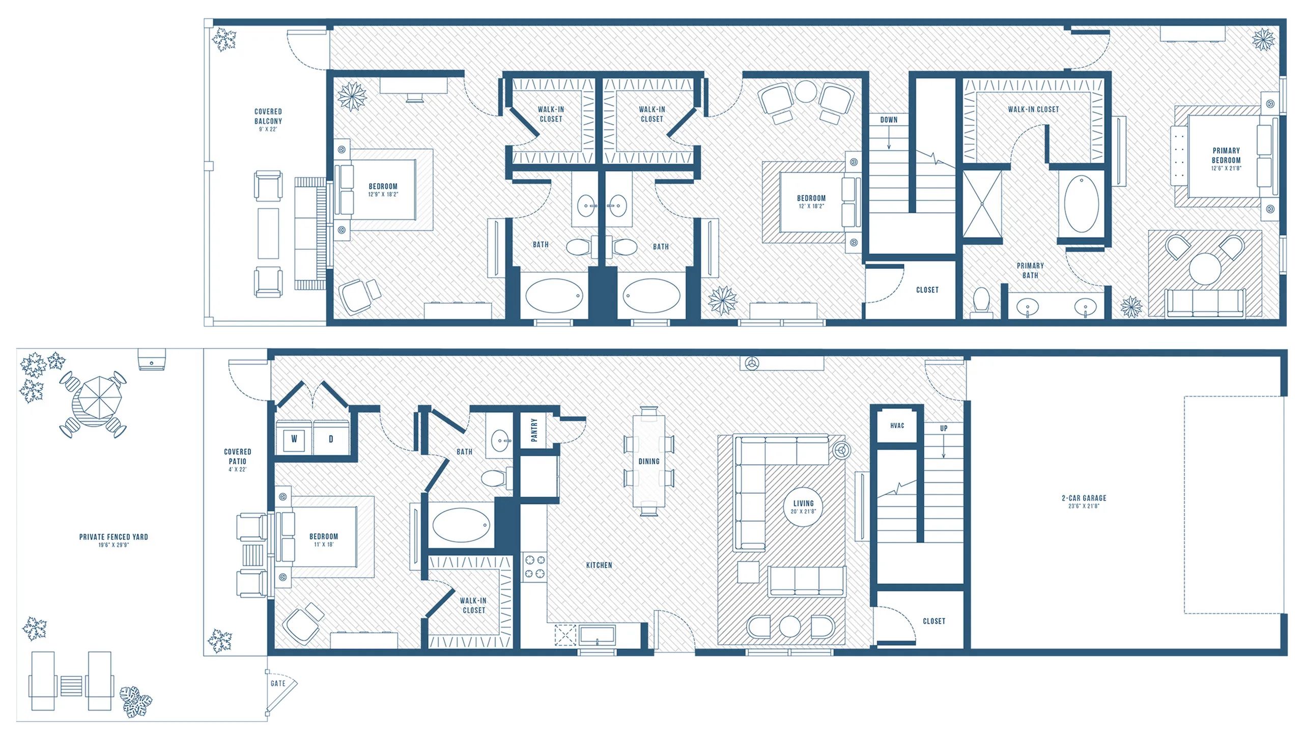 Elegant multi-level floor plan featuring a primary bedroom suite with walk-in closet, additional bedrooms, open-concept kitchen and living area, dining space, and a private fenced yard. Includes a 2-car garage and covered balcony for extra comfort.