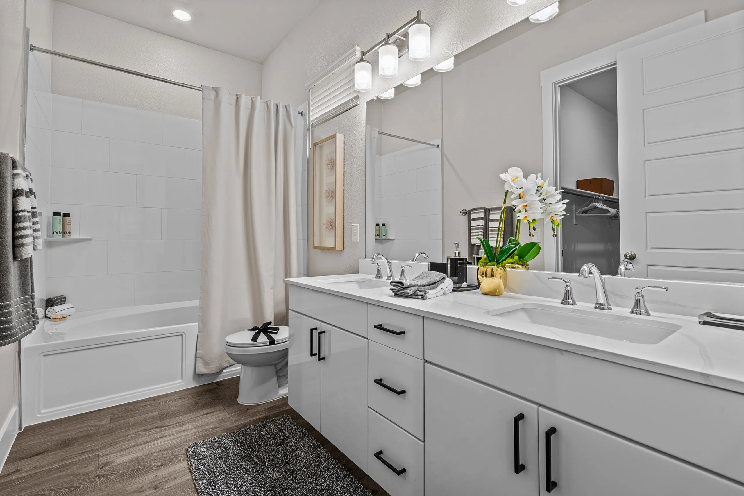 Elegant bathroom with dual sink vanity, modern lighting, and a cozy bathtub, complemented by chic decor and hardwood flooring.
