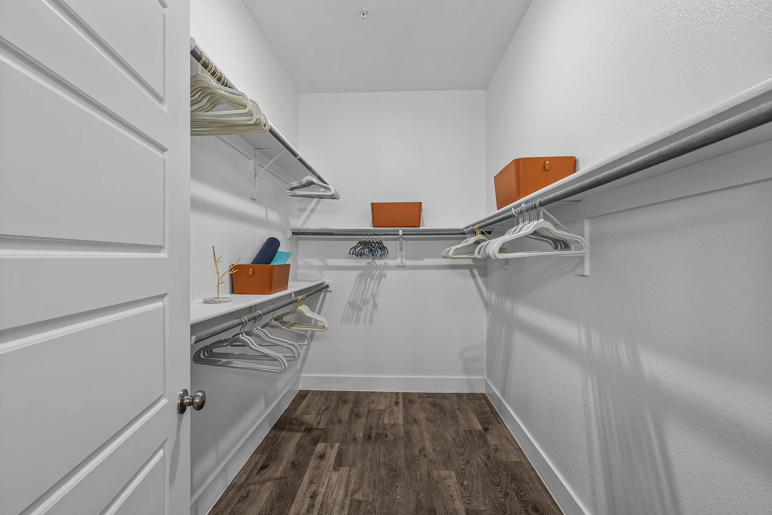 Spacious walk-in closet with hardwood flooring, clothing racks, and stylish storage organizers.