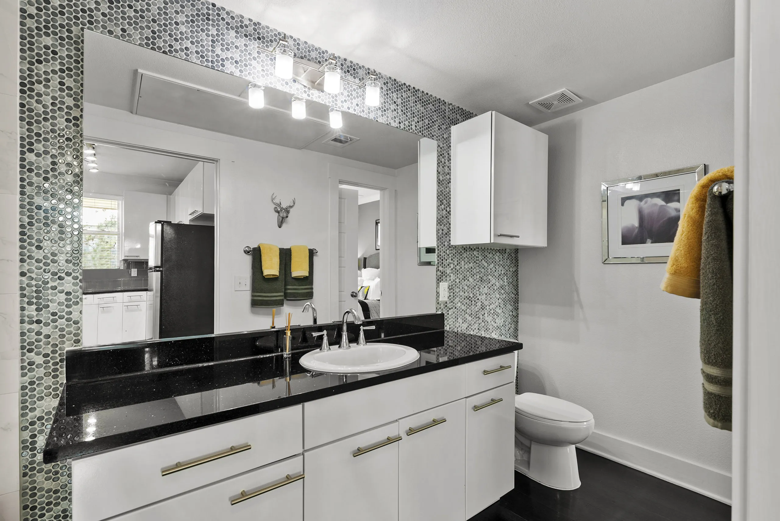 Modern bathroom with sleek black countertops, stylish circular mosaic tiles, bright lighting, and convenient storage.