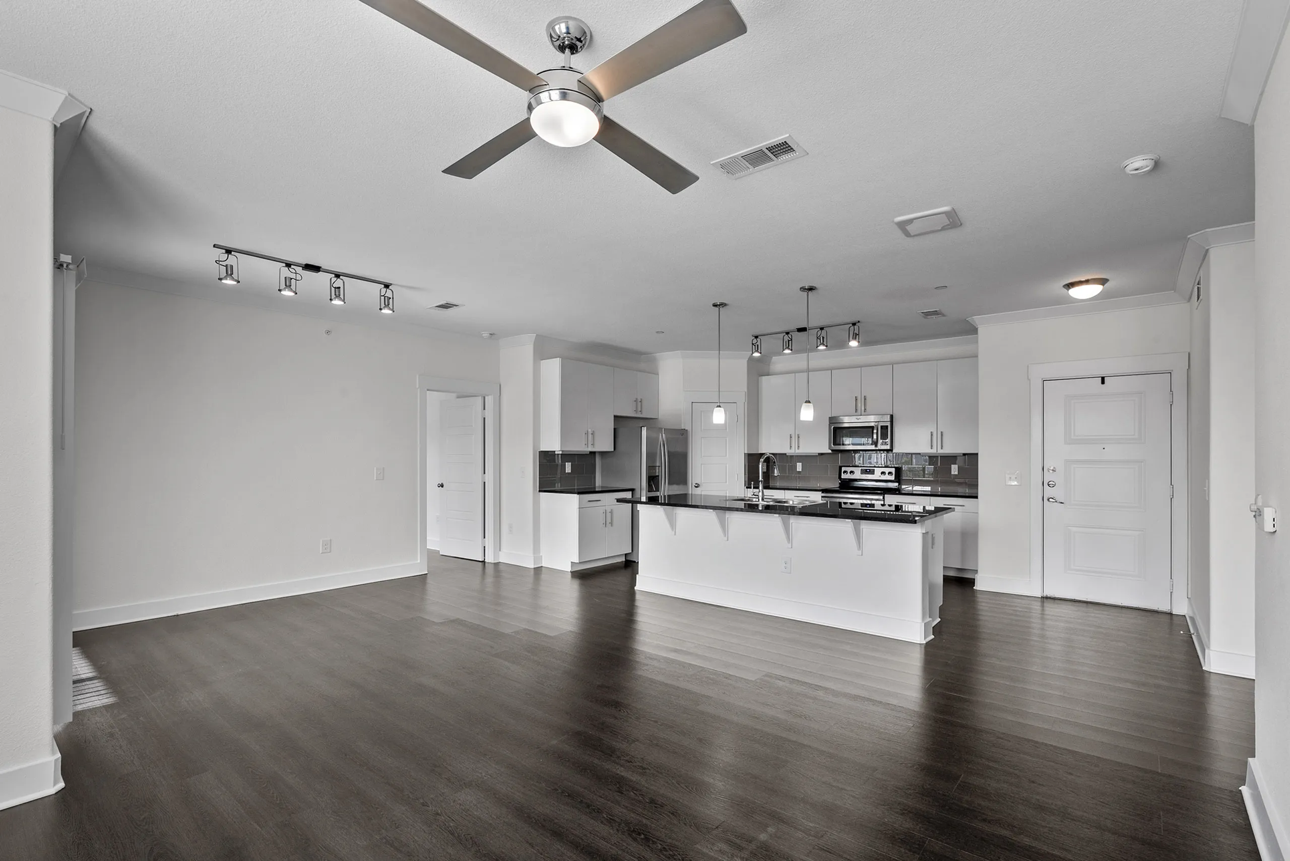 Contemporary open-concept apartment showcasing a sleek kitchen with modern appliances and a spacious living area with elegant hardwood flooring.
