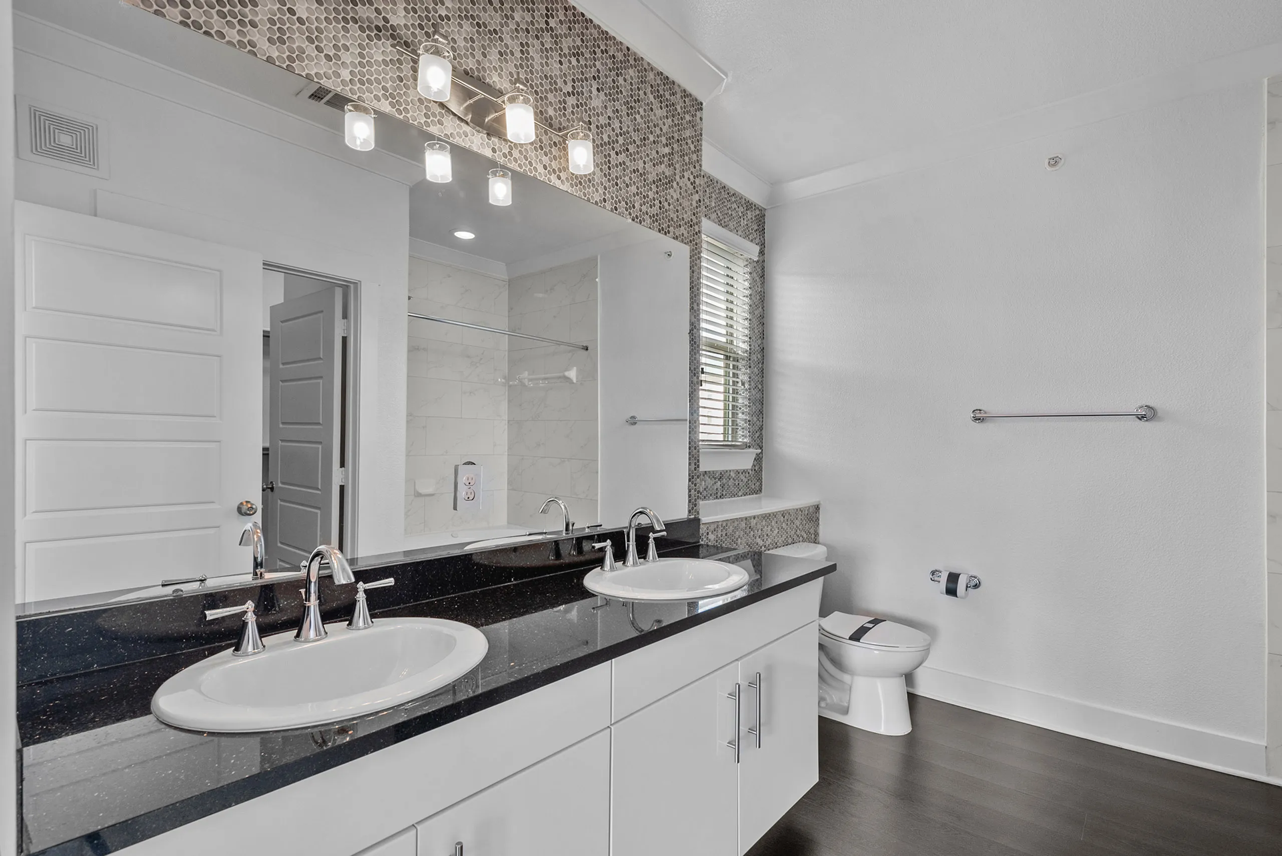 Elegant bathroom featuring a double sink vanity with sleek black countertops, modern fixtures, and ample lighting. Spacious and contemporary design.