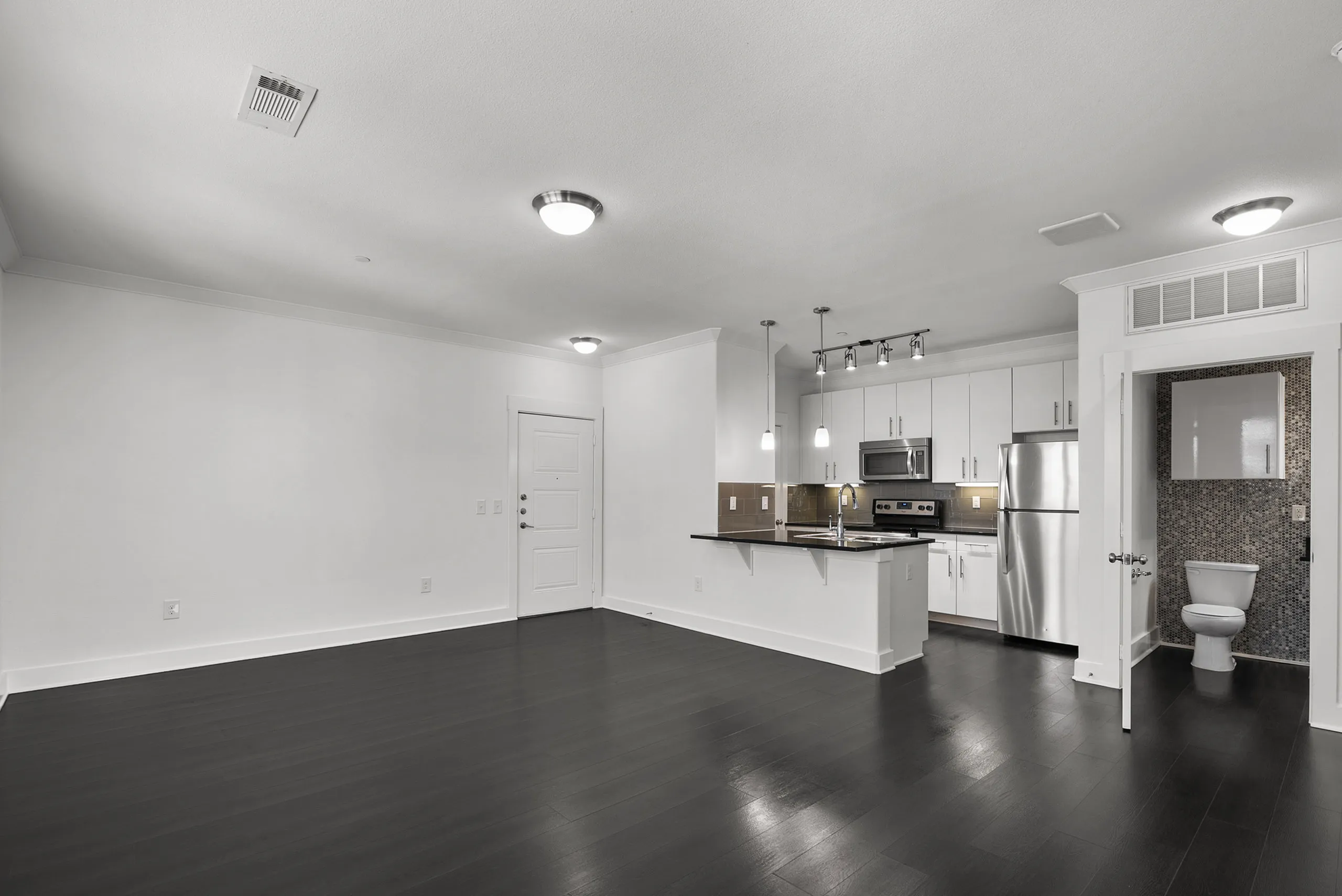 Contemporary open-plan apartment with sleek dark flooring, modern kitchen featuring stainless steel appliances, and a stylish bathroom.