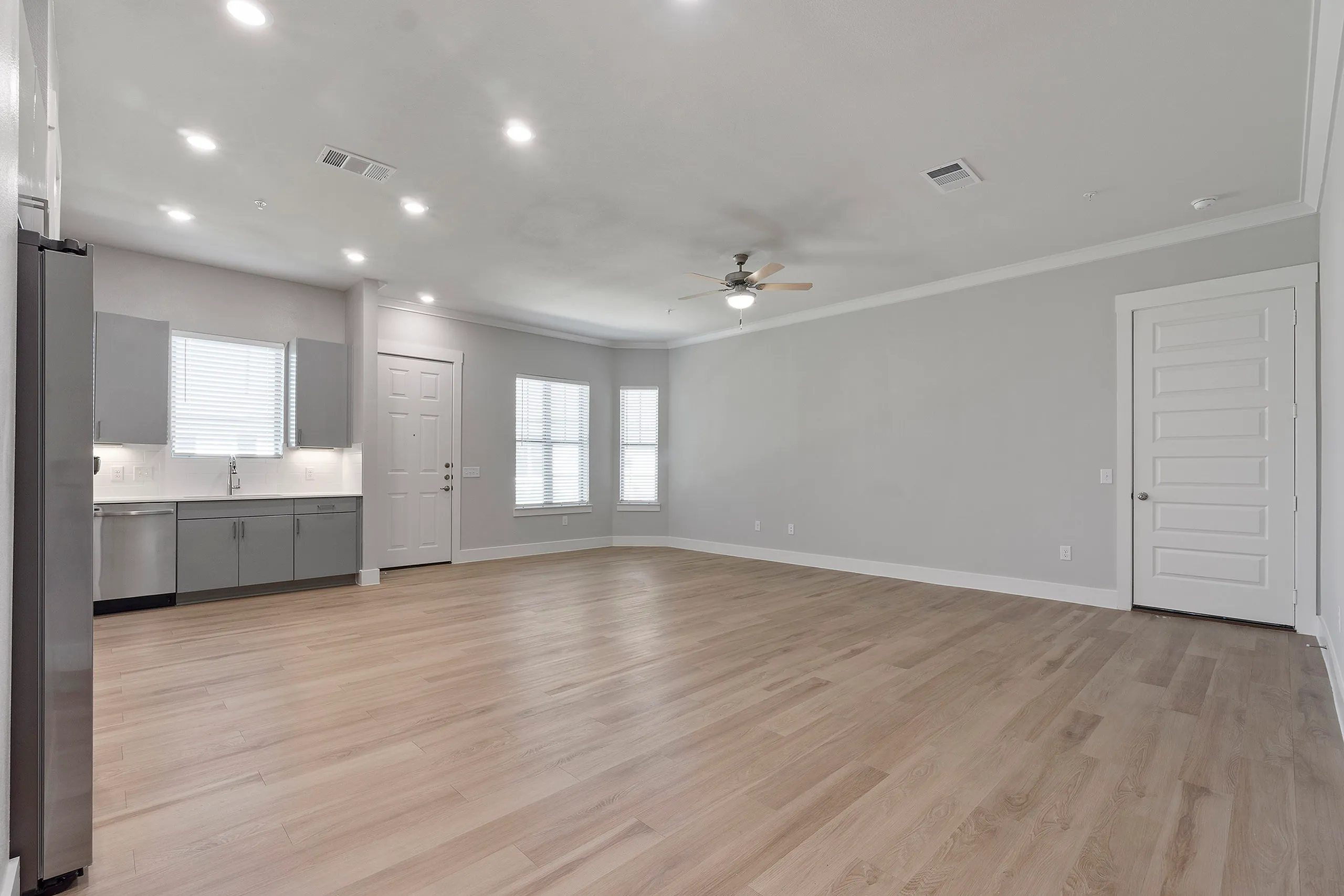 Spacious open-concept living area featuring modern kitchen with sleek grey cabinetry, light wood flooring, and abundant natural light.