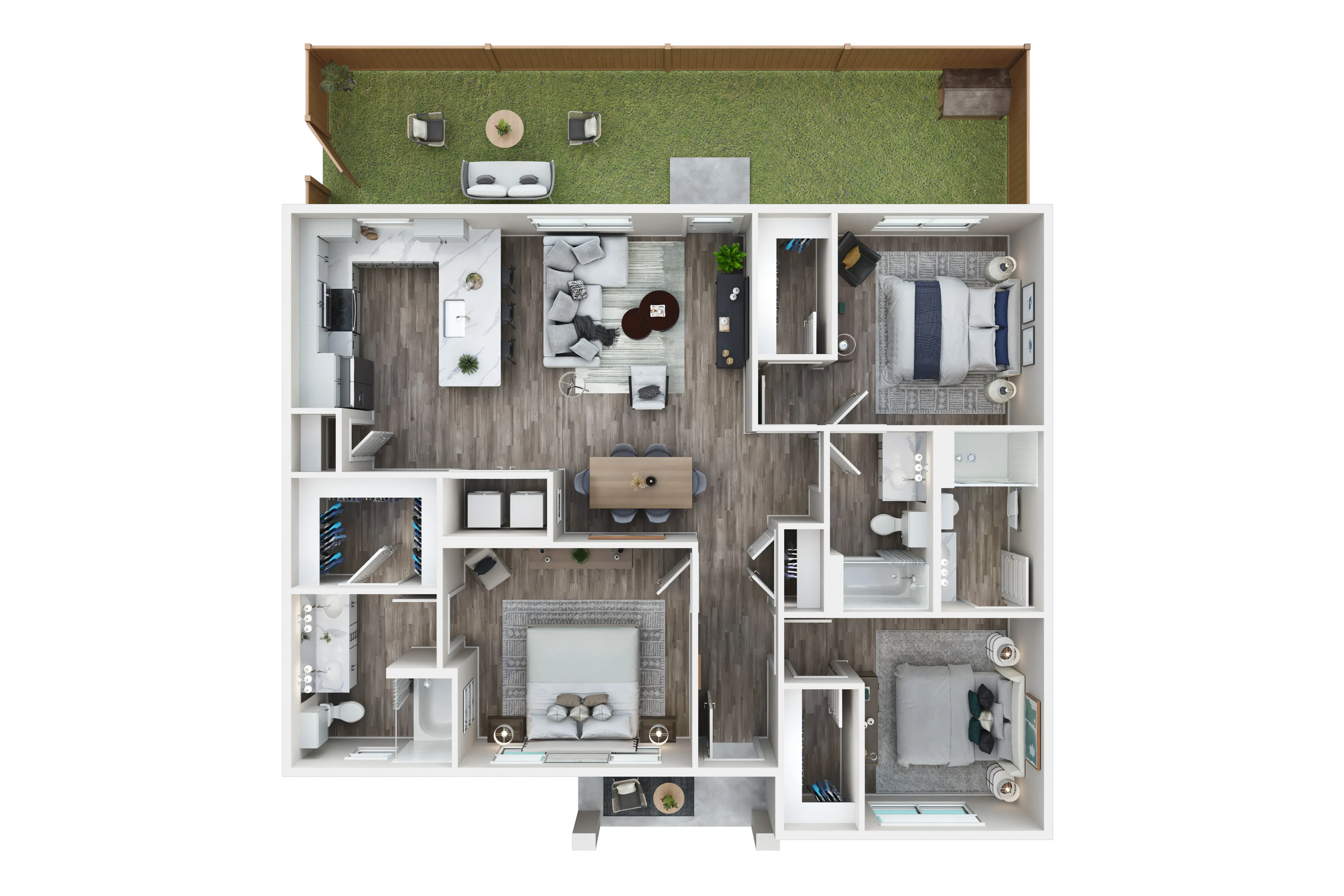 Chic 3D floor plan showcasing three bedrooms, modern open kitchen with island, stylish living area, and cozy outdoor patio.
