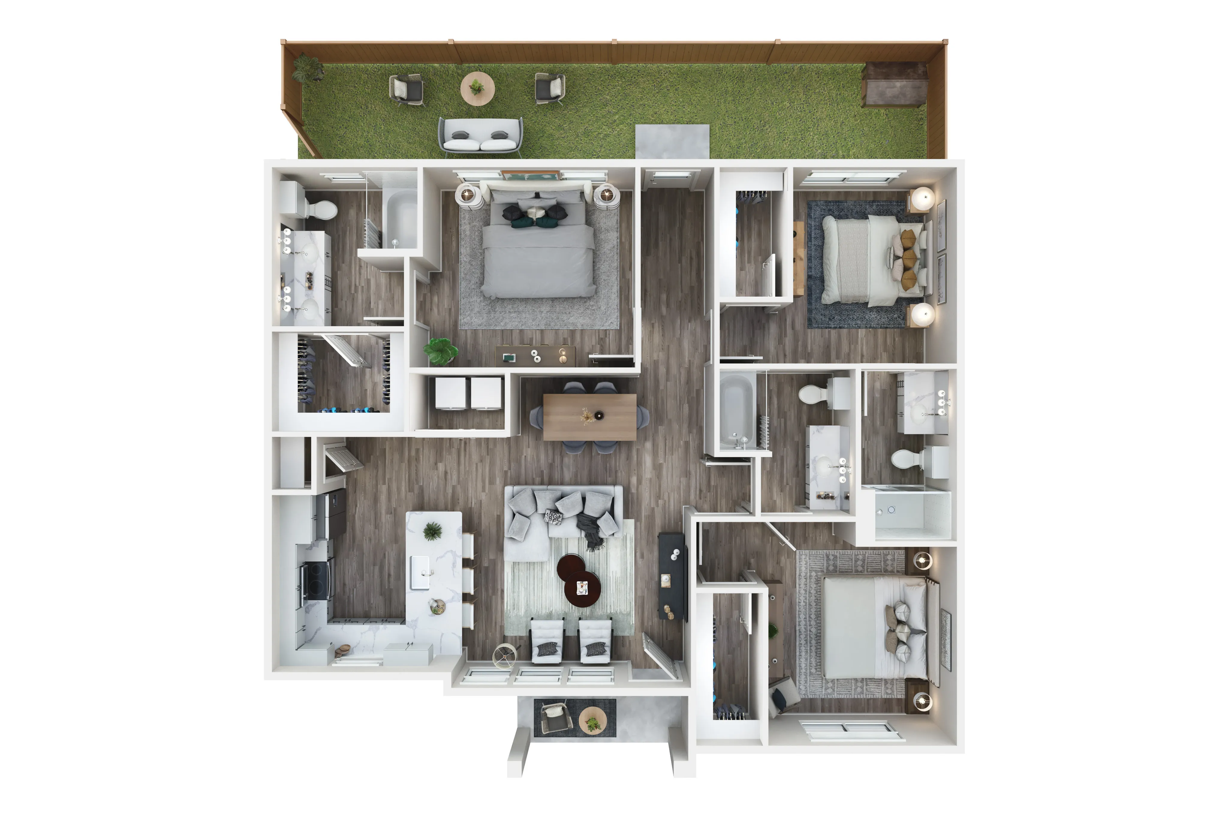 Modern apartment floor plan featuring 3 spacious bedrooms, elegant living room, gourmet kitchen, and scenic patio area.