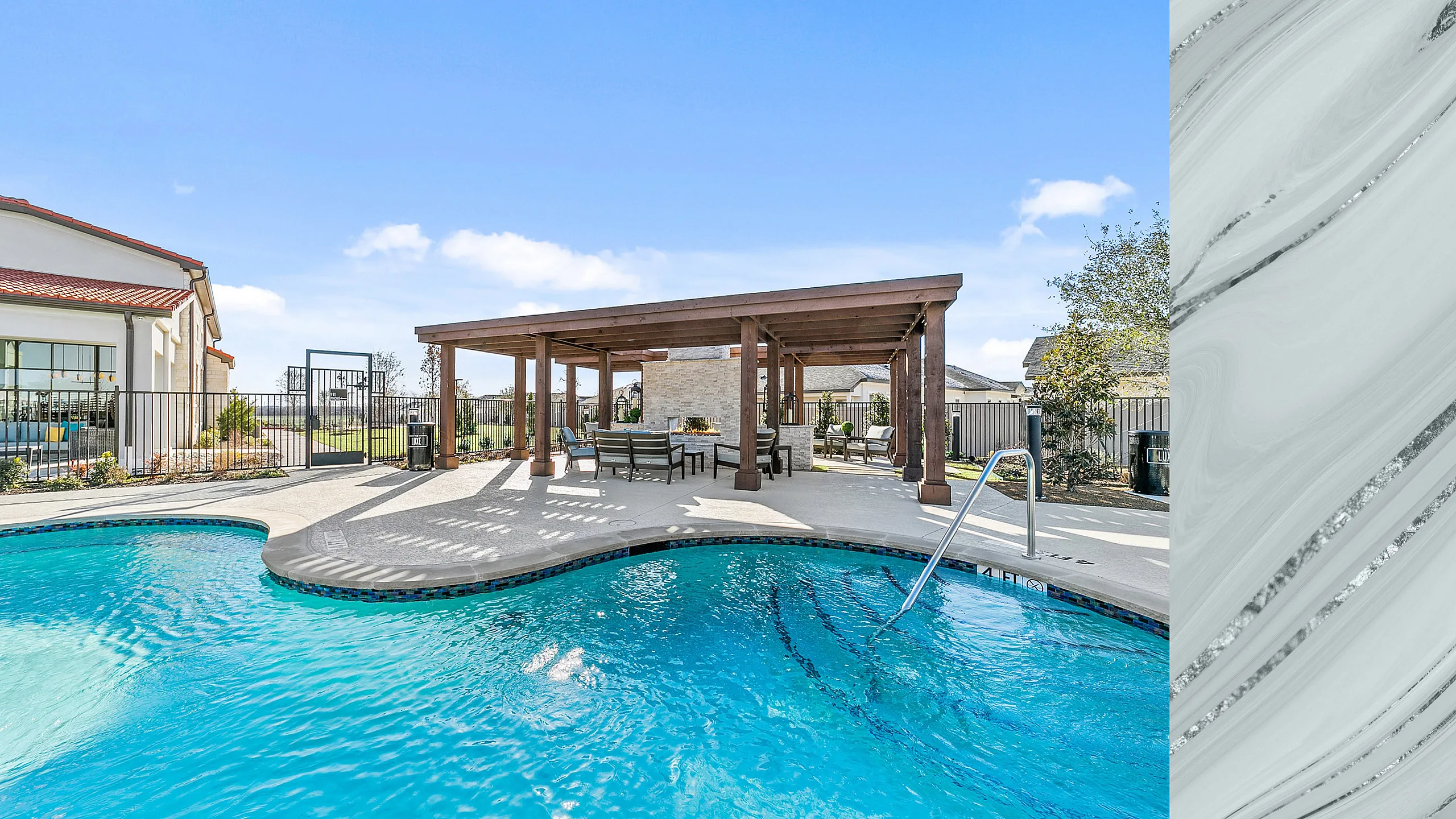Luxurious outdoor pool area with crystal-clear water and elegant pergola seating, perfect for relaxation and entertaining.