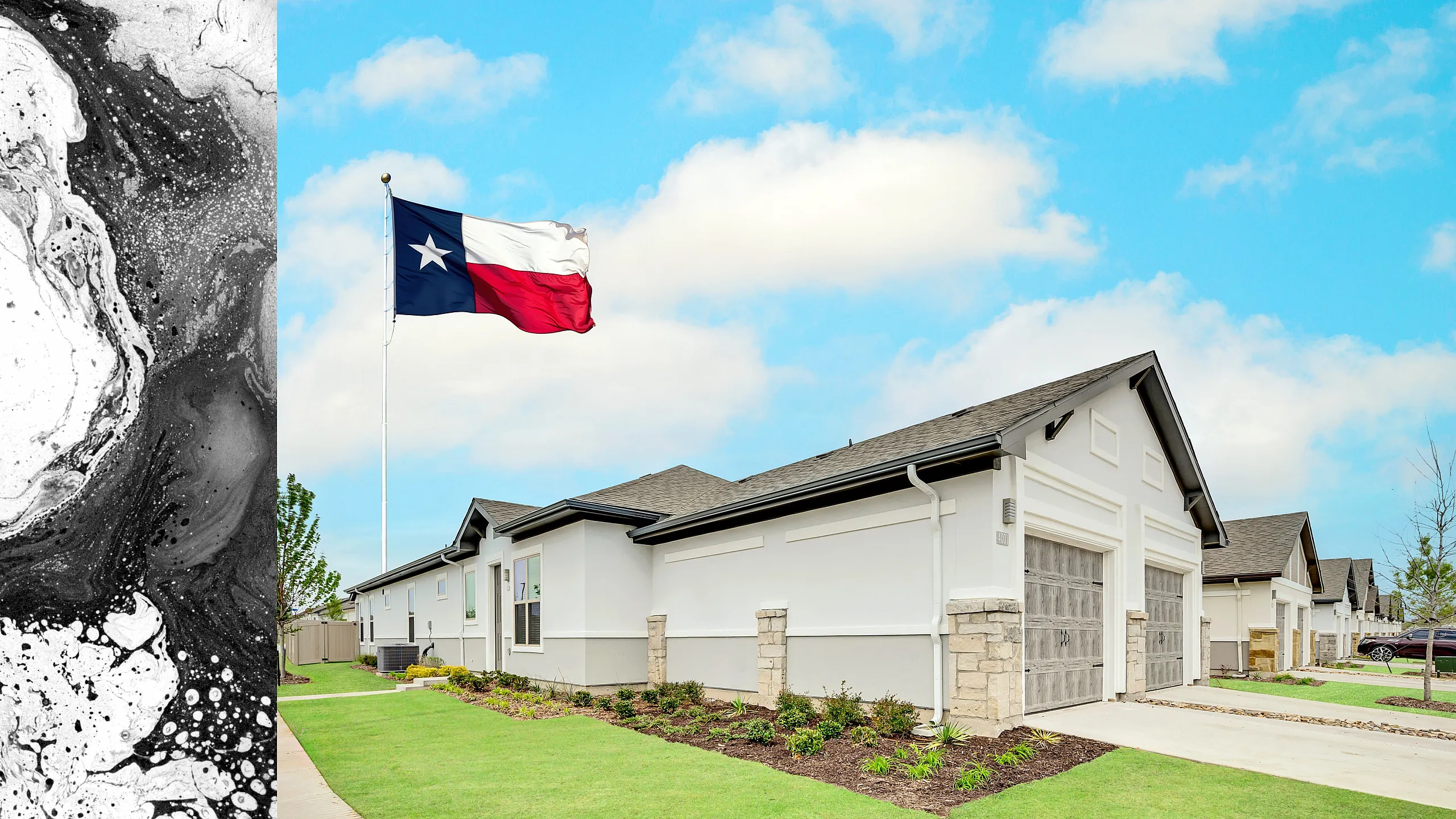 Charming modern home with a sleek exterior and neatly landscaped front yard, set against a bright blue sky with the Texas flag proudly waving.