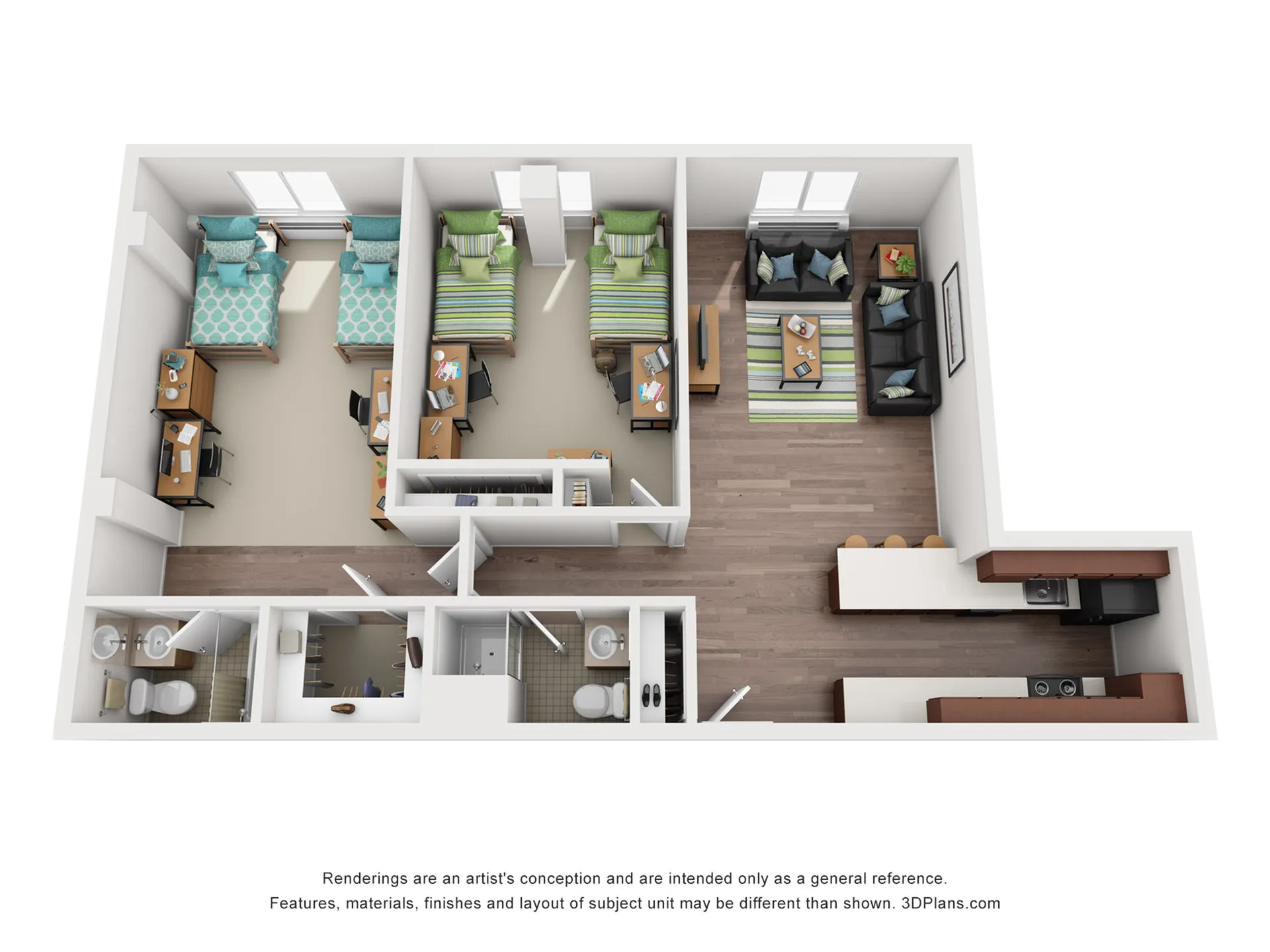 Modern 3D floor plan showcasing 2 spacious bedrooms, cozy living area, and sleek kitchen with breakfast bar.