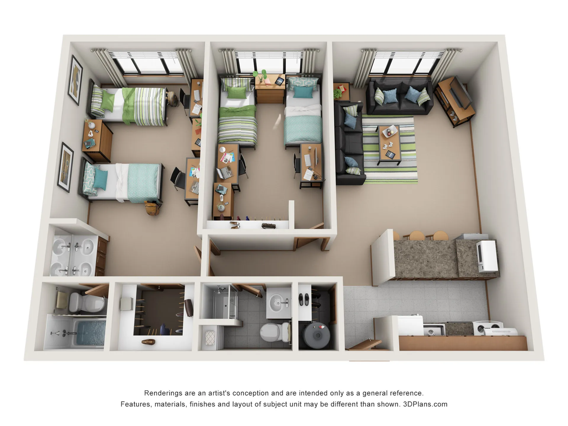 Modern 3D floor plan featuring two bedrooms, a cozy living room, and a functional kitchen, complete with twin study desks and stylish decor.