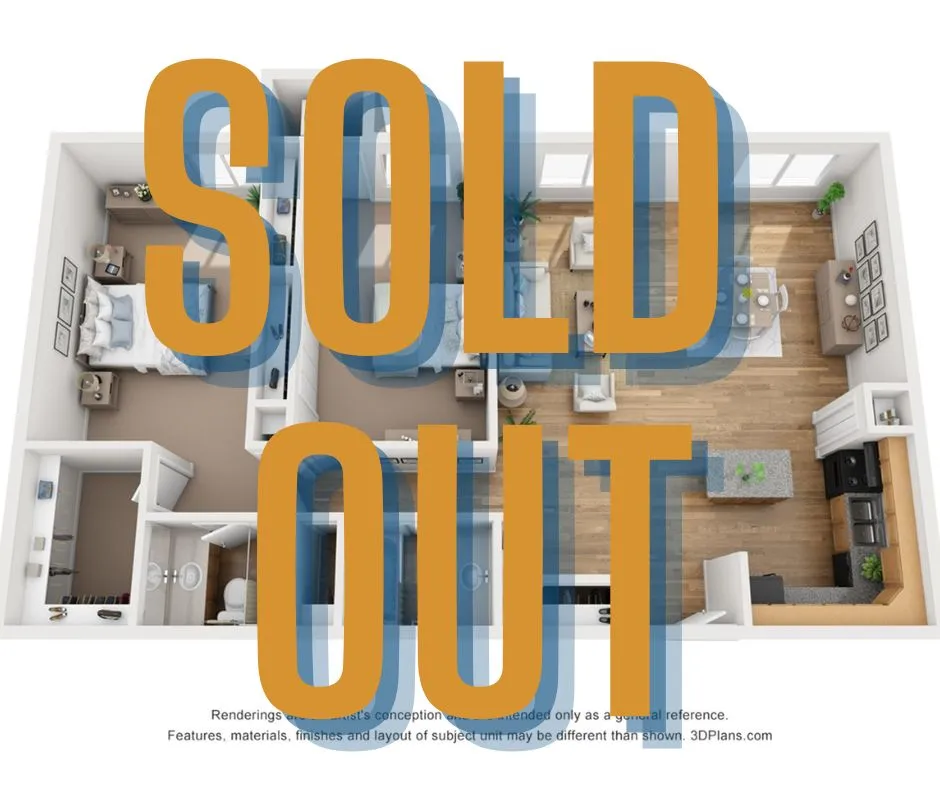 Modern open-concept floor plan featuring 2 spacious bedrooms, a cozy living area, and a sleek kitchen design.