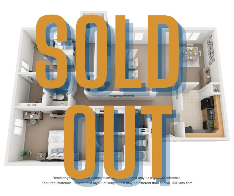 Bright 3D floor plan showcasing a stylish two-bedroom apartment with modern kitchen, cozy living area, and inviting dining space. SOLD OUT.