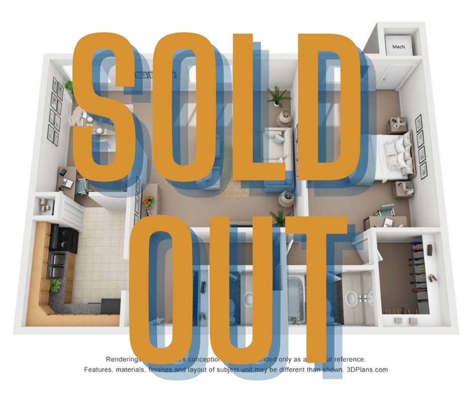 Contemporary 3D floor plan showcasing 2 bedrooms, 2 bathrooms, open kitchen, and cozy living room, indicating high demand with \'Sold Out\' overlay.
