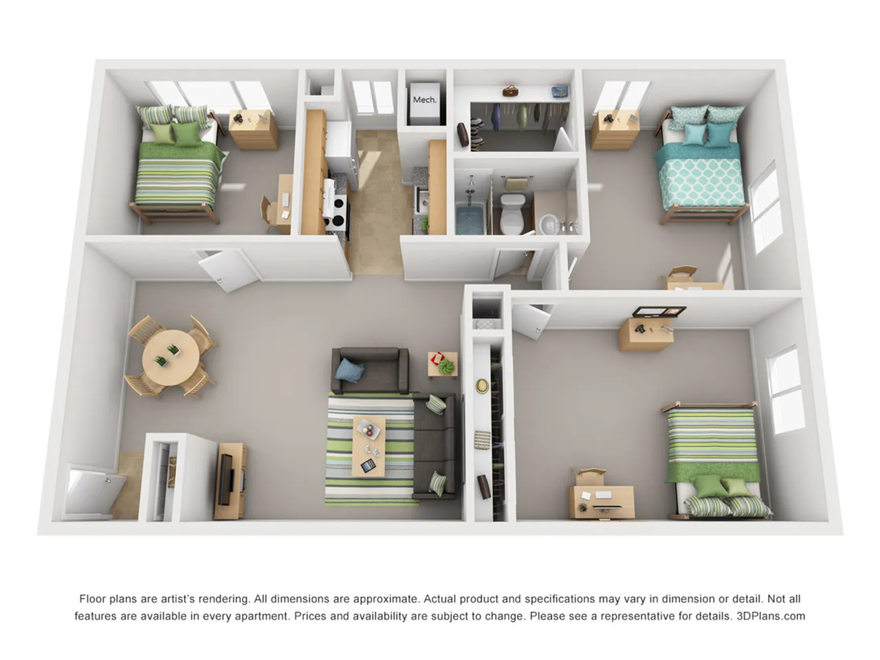 Modern 3D floor plan showcasing a cozy three-bedroom apartment with open-concept living and dining areas, stylish kitchen, and a well-appointed bathroom, perfect for comfortable living.