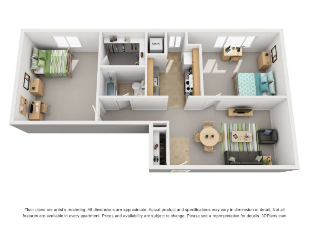 Contemporary 2-bedroom 2D floor plan with a cozy living room, modern kitchen, and inviting dining area.